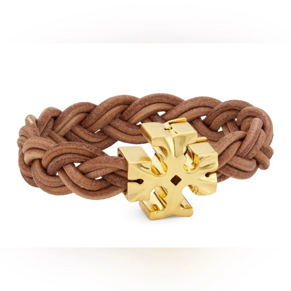 🆕Tory Burch Authentic Miller Fisherman 18KGold-Plated & Braided Leather Bracelet
